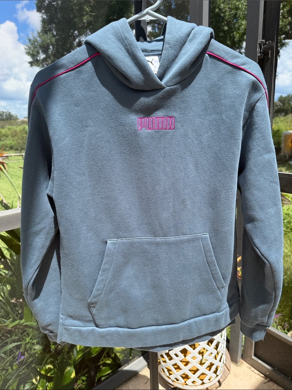 Puma Women's Dusty Blue Hoodie with Pink Trim